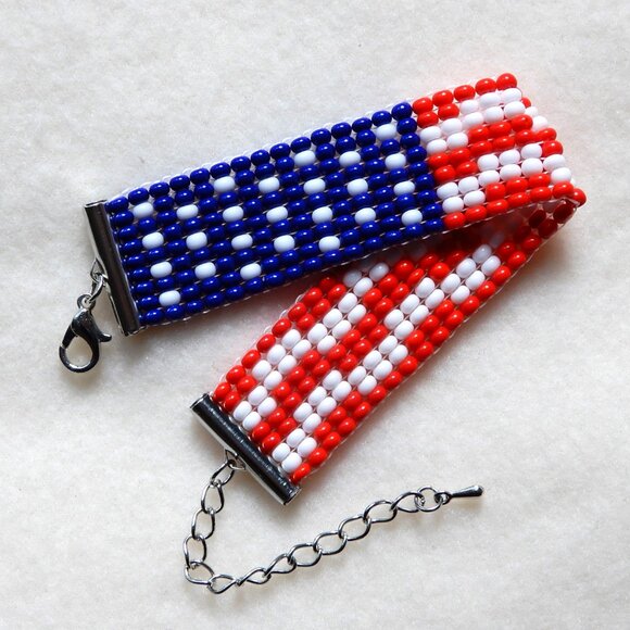 FourOhFourATL Jewelry - American flag USA bead bracelet, handmade, adjustable length, U.S. patriotic